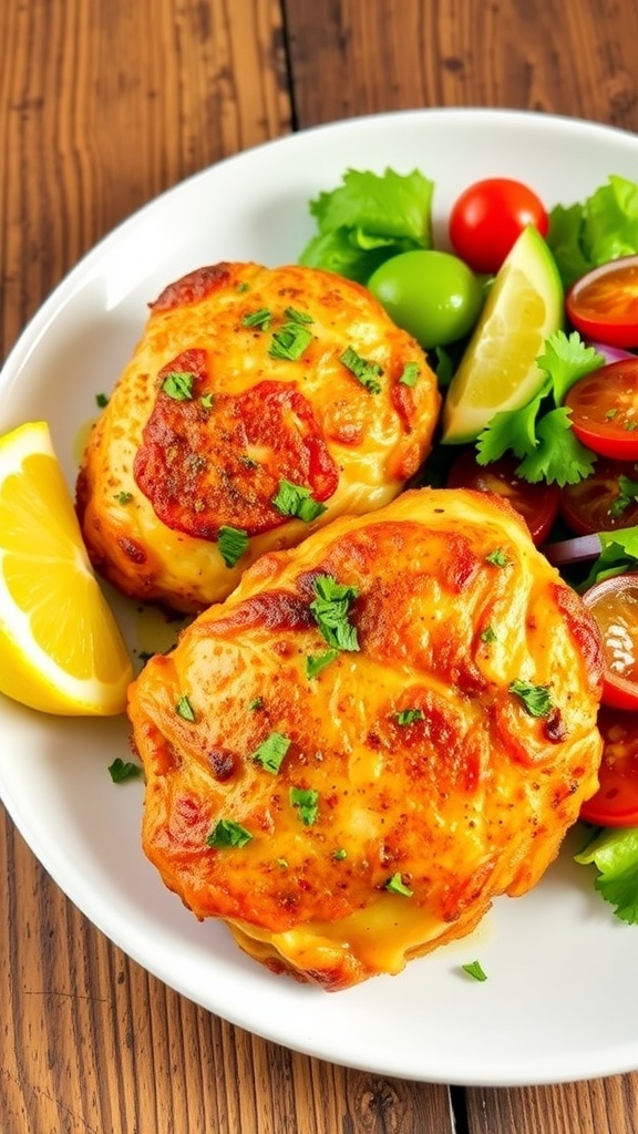 Crispy lemon pepper chicken on a plate with parsley and lemon wedge, served with salad.